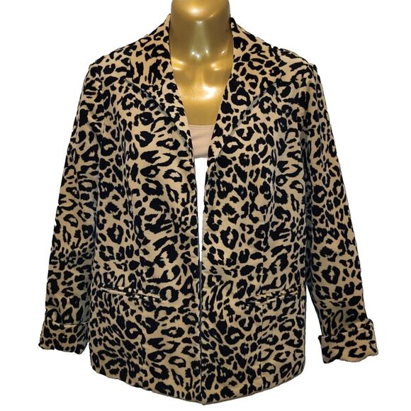 Chico’s Size 0 {X-Small} Black and Tan Cotton Blend Jacket Animal Print Lined - Picture 7 of 15